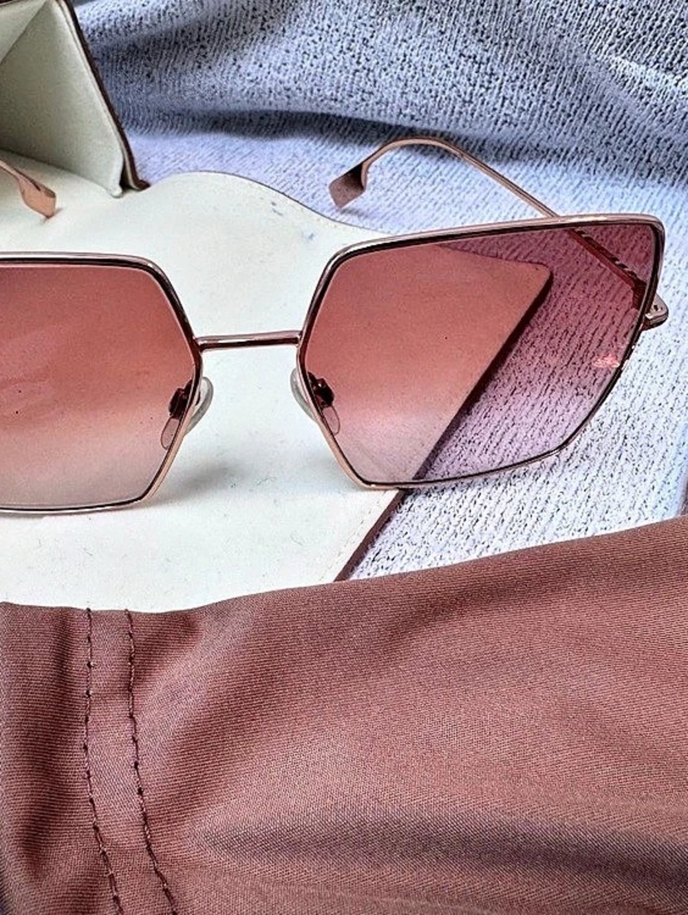 Burberry Rose Gold Square Sunglasses with Case & Accessories